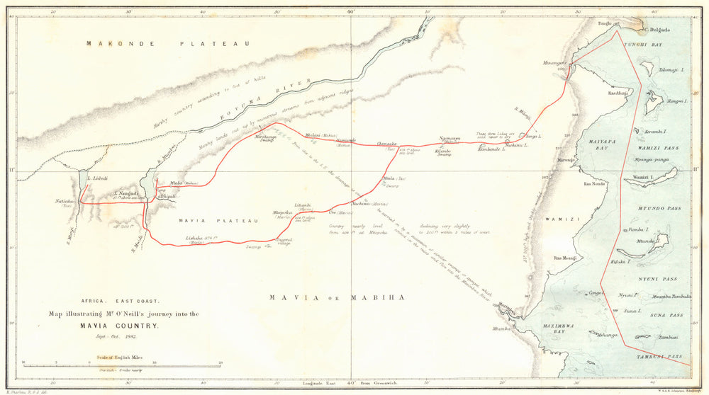 MOZAMBIQUE. coast. Mavia Mabiha country. O'Neill 1882. RGS map 1883 old