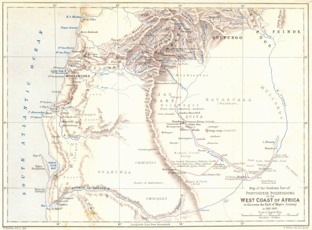 ANGOLA. Coast map. Portuguese Possessions. Namibe. Earl of Mayo. RGS map 1883