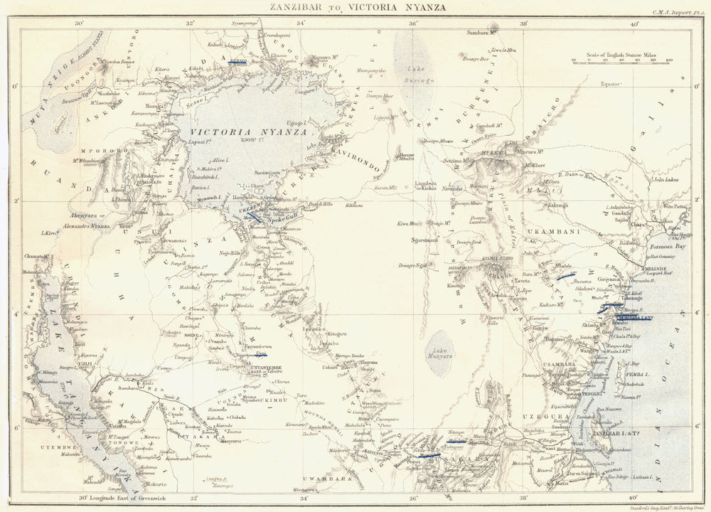 TANZANIA. Zanzibar to Victoria Nyanza. RGS map 1883 old antique plan chart