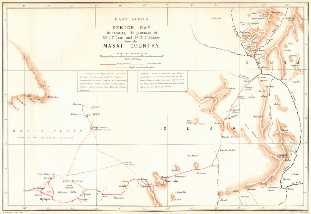 TANZANIA. Masai country. Geja Nguru. Last Baxter. RGS map 1883 old antique