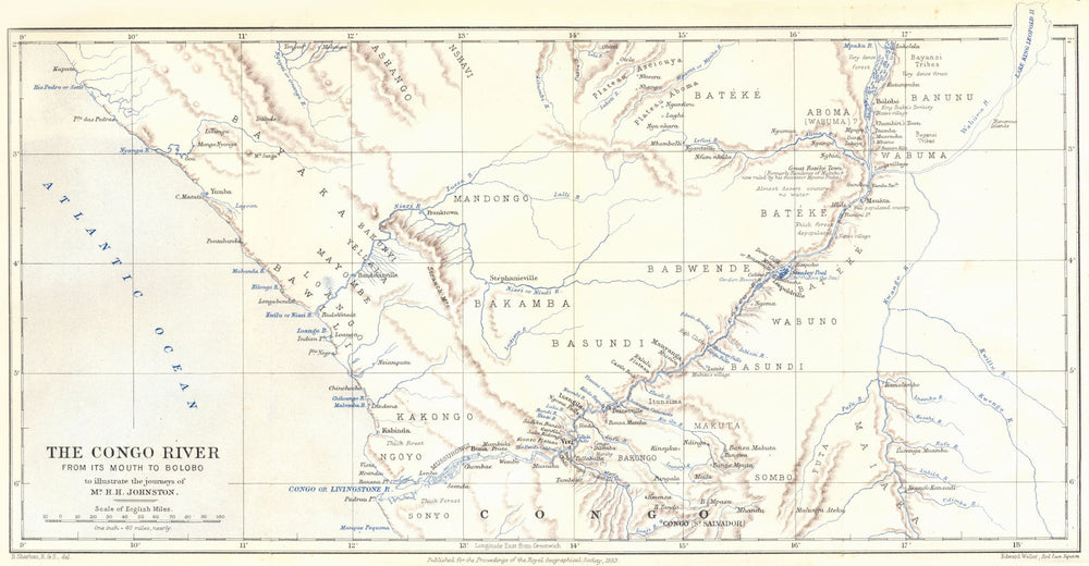 CONGO. The Congo river form its Mouth to Bolobo. RGS map 1883 old antique