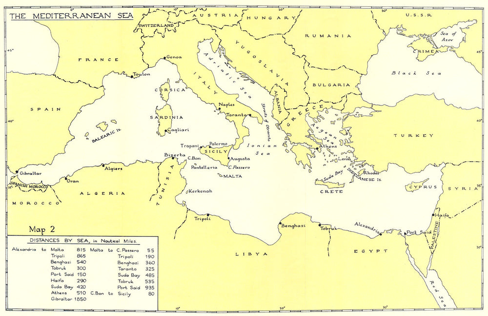 Mediterranean Sea. Distances by sea from Alexandria Malta. WW2 1954 old map
