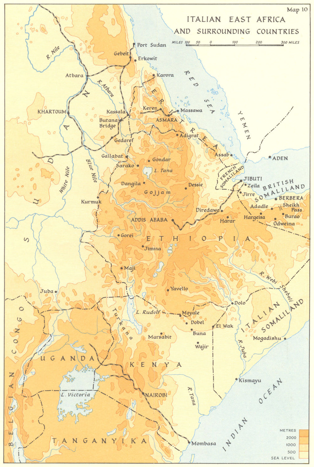 ABYSSINIA ETHIOPIA. Italian East Africa & surrounding countries. WW2 1954 map