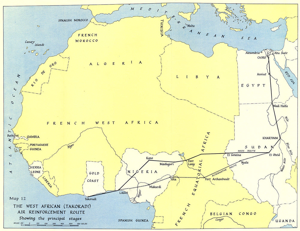 West Africa WW2 Nigeria Sudan Egypt. Takoradi air reinforcement route 1954 map