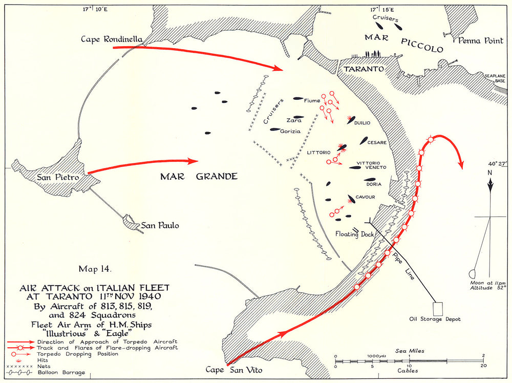 Air attack Italian fleet Taranto 11 Nov 1940 HMS Eagle & Illustrious 1954 map