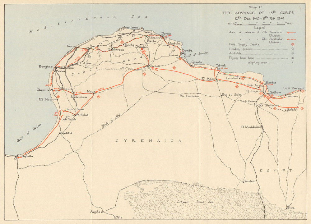 LIBYAN DESERT British offensive 13th Corps advance Dec 1940-Feb 1941 1954 map