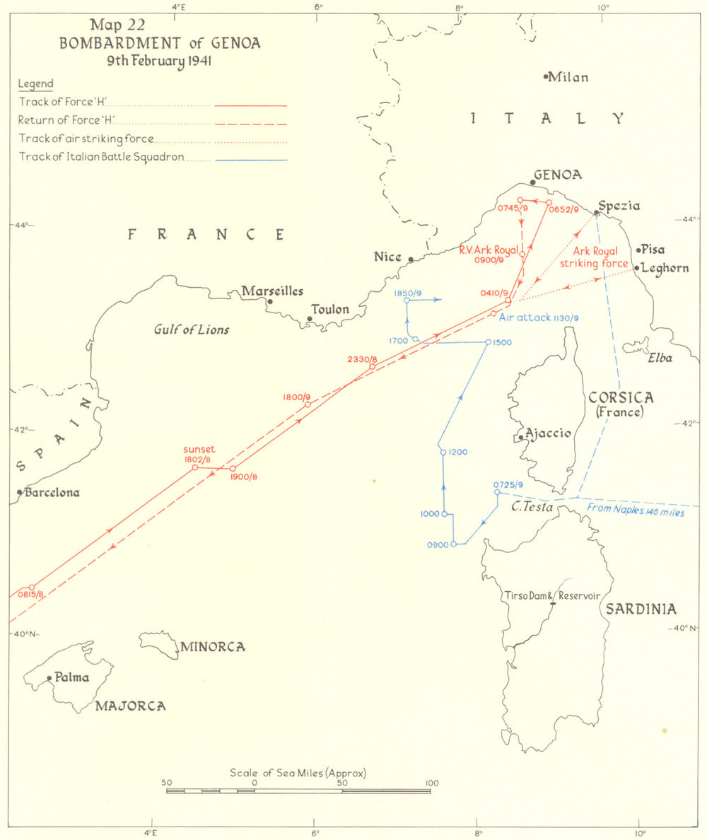 Bombardment of Genoa 9th Feb 1941. World War Two. Force 'H'. WW2 1954 old map