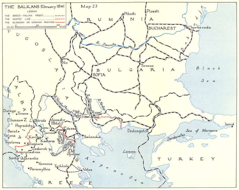 WW2 Balkans February 1941. Greco-Italian front. Nestos Line. Aliakmon 1954 map