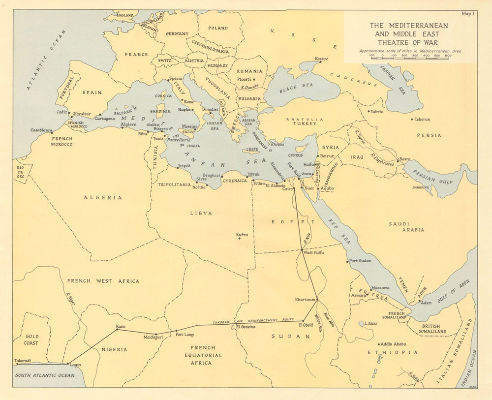 WORLD WAR 2. Mediterranean & Middle East Theatre. Takoradi air route 1960 map
