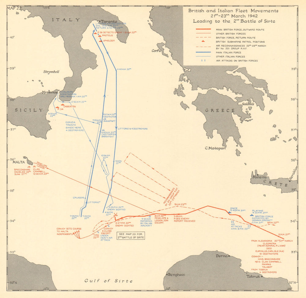 2nd Battle of Sirte 21-23 March 1942. British Italian fleet movements 1960 map