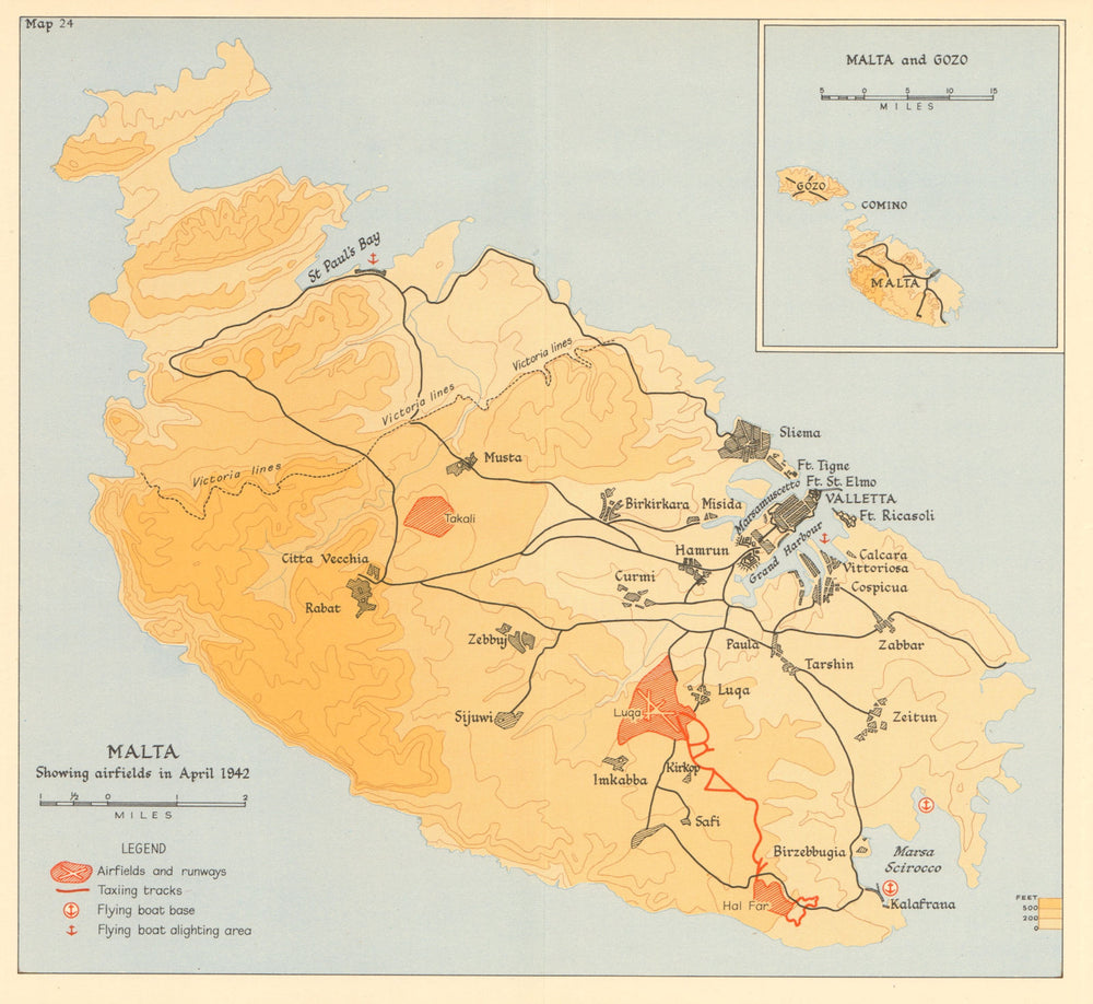 MALTA April 1942 showing airfields. World War 2. Flying boat bases 1960 map