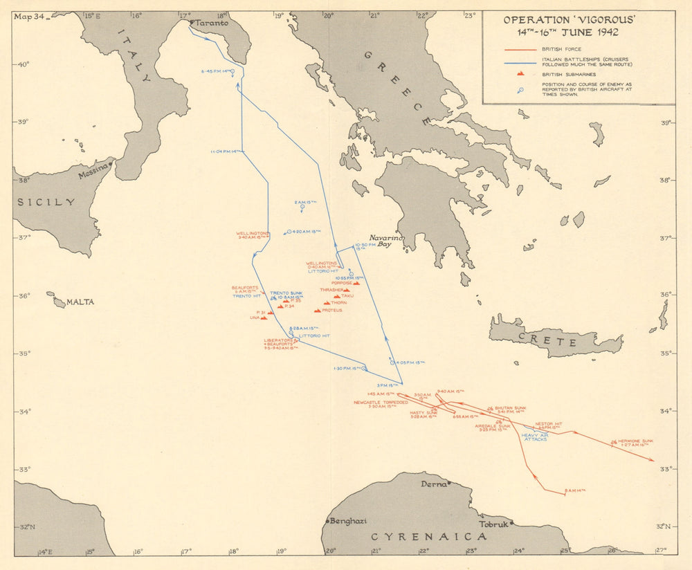 Operation Vigorous 14th-16th June 1942. Mediterranean. World War 2 1960 map
