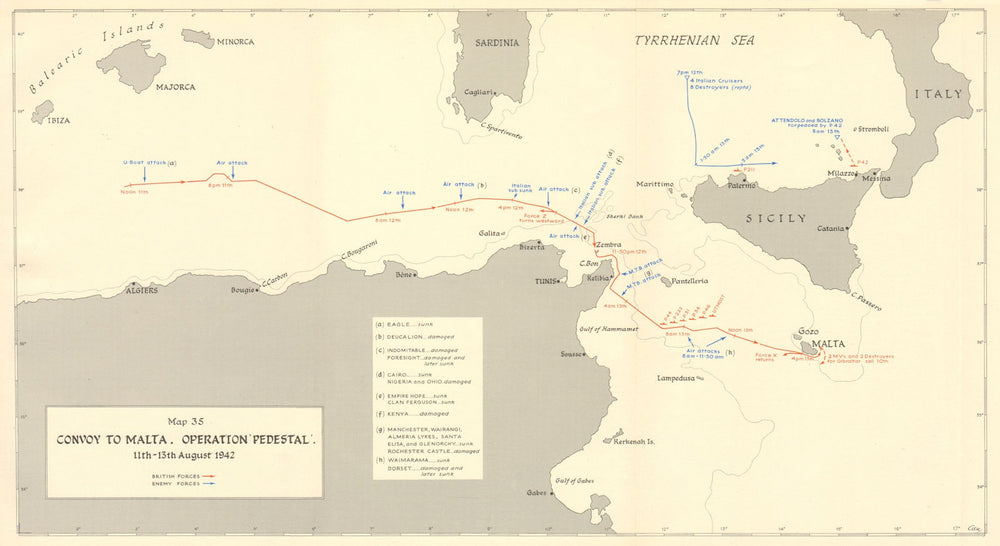 MALTA CONVOY. Operation Pedestal 11-13th August 1942. World War 2 1960 old map