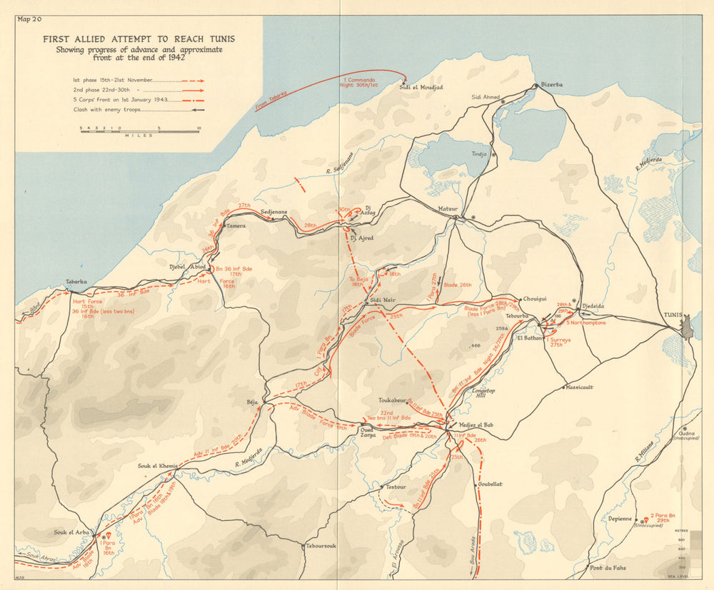 1st Allied attempt to reach Tunis, December 1942-January 1943. WW2 1966 map