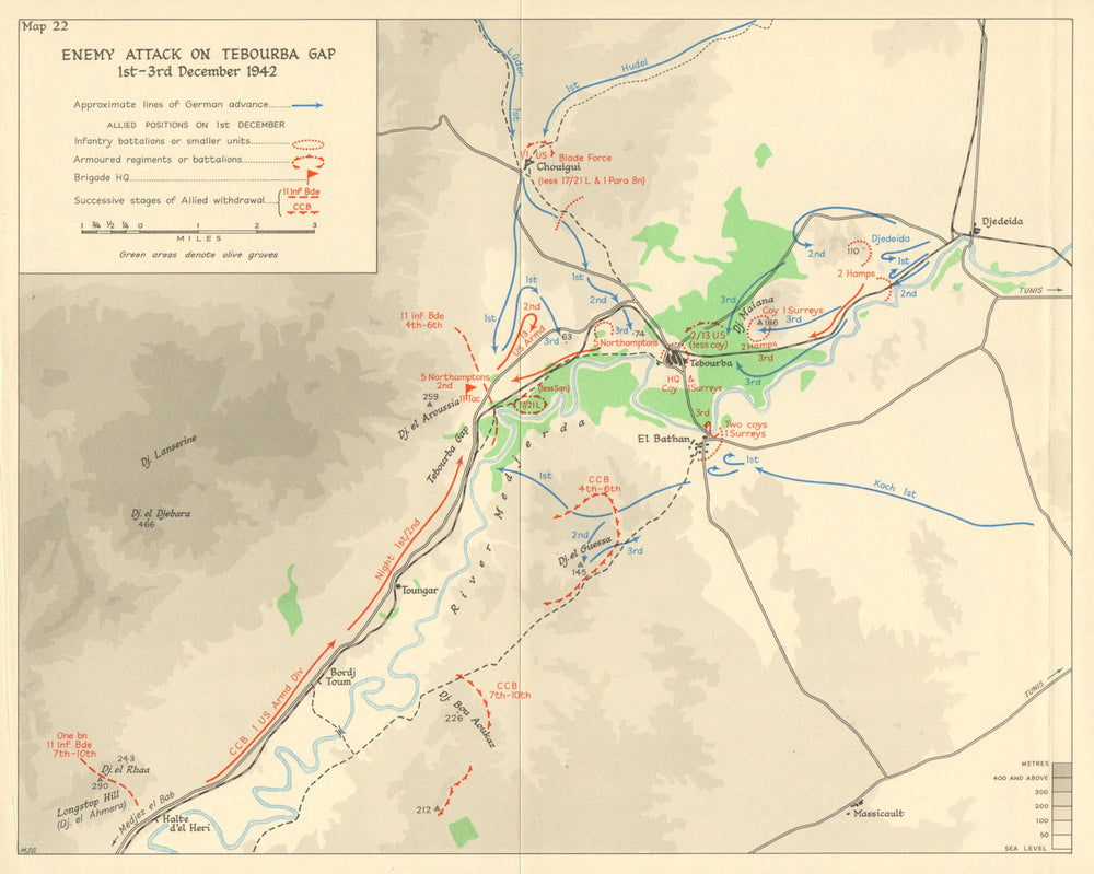 Axis attack on Tebourba Gap 1-3 December 1942. Tunisia. World War 2 1966 map
