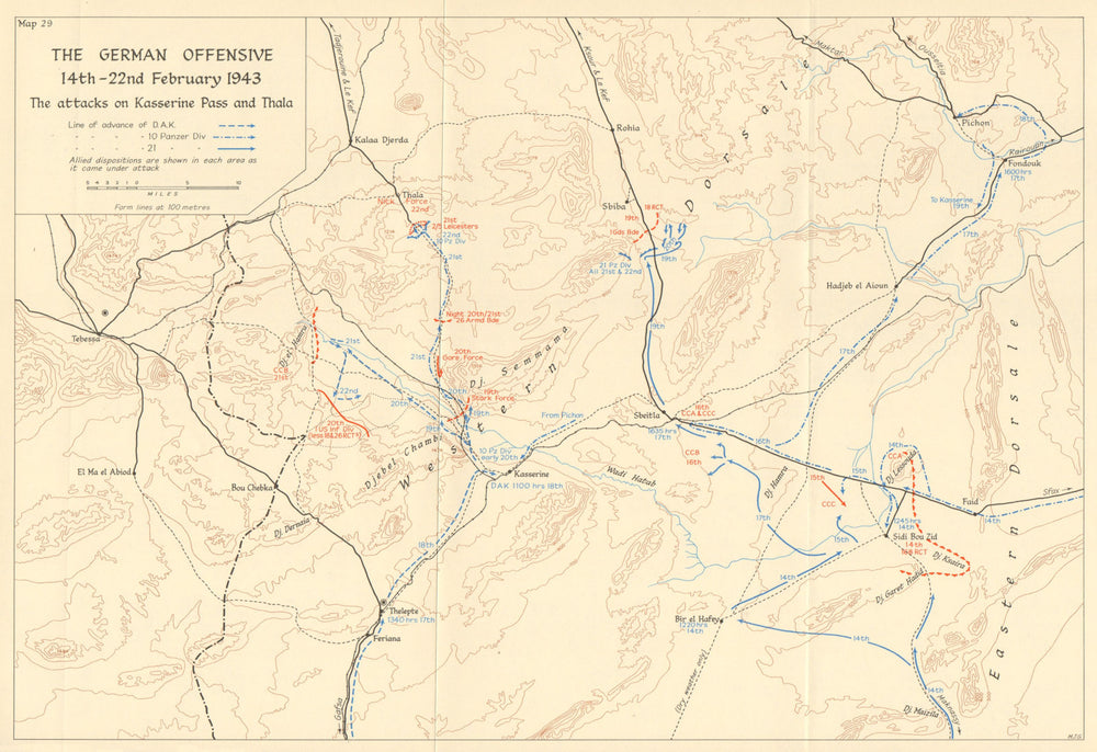 German Offensive 14-22 Feb 1943 Kasserine pass & Thala attacks. Tunisia 1966 map