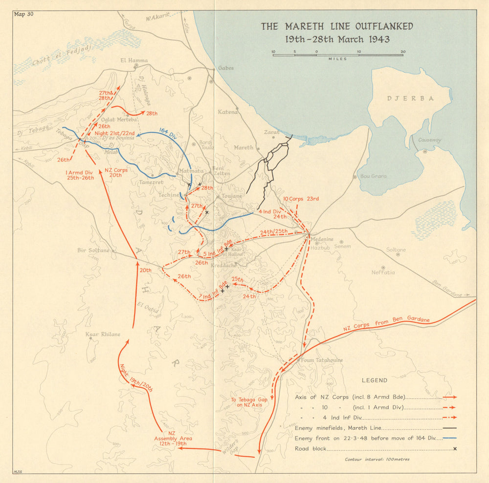 Mareth line outflanked. 19-28 March 1943. World War 2. Tunisia 1966 old map