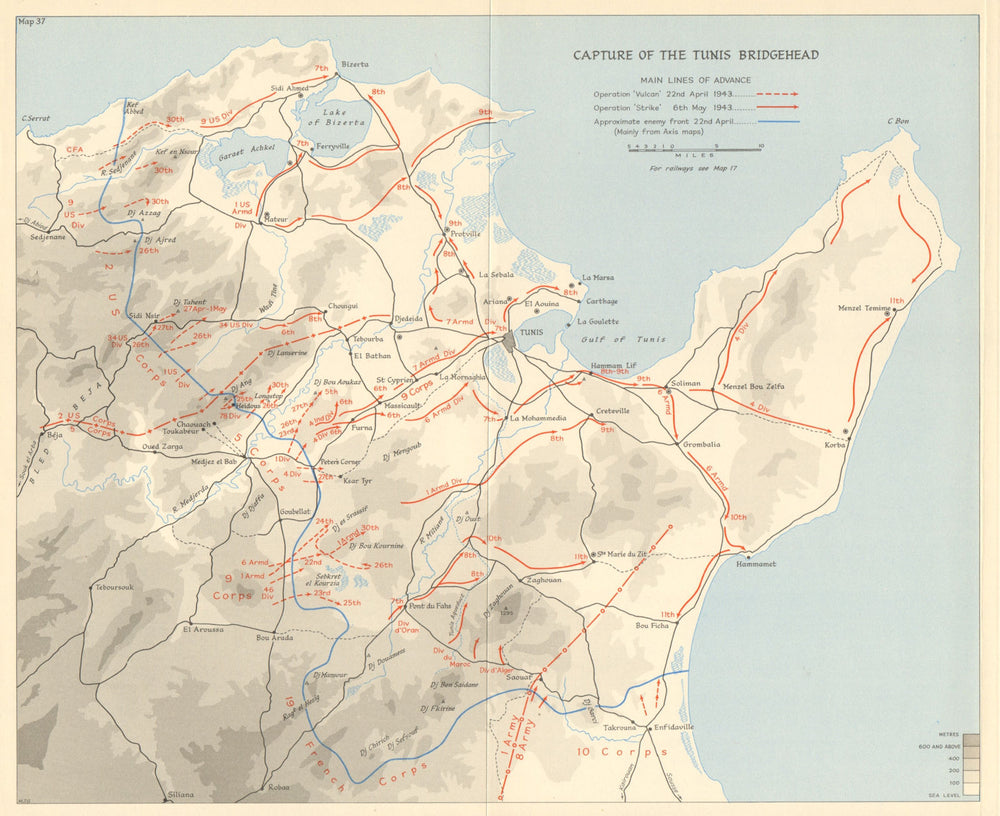 Capture of Tunis Bridgehead April-May 1943. Operations Vulcan & Strike 1966 map