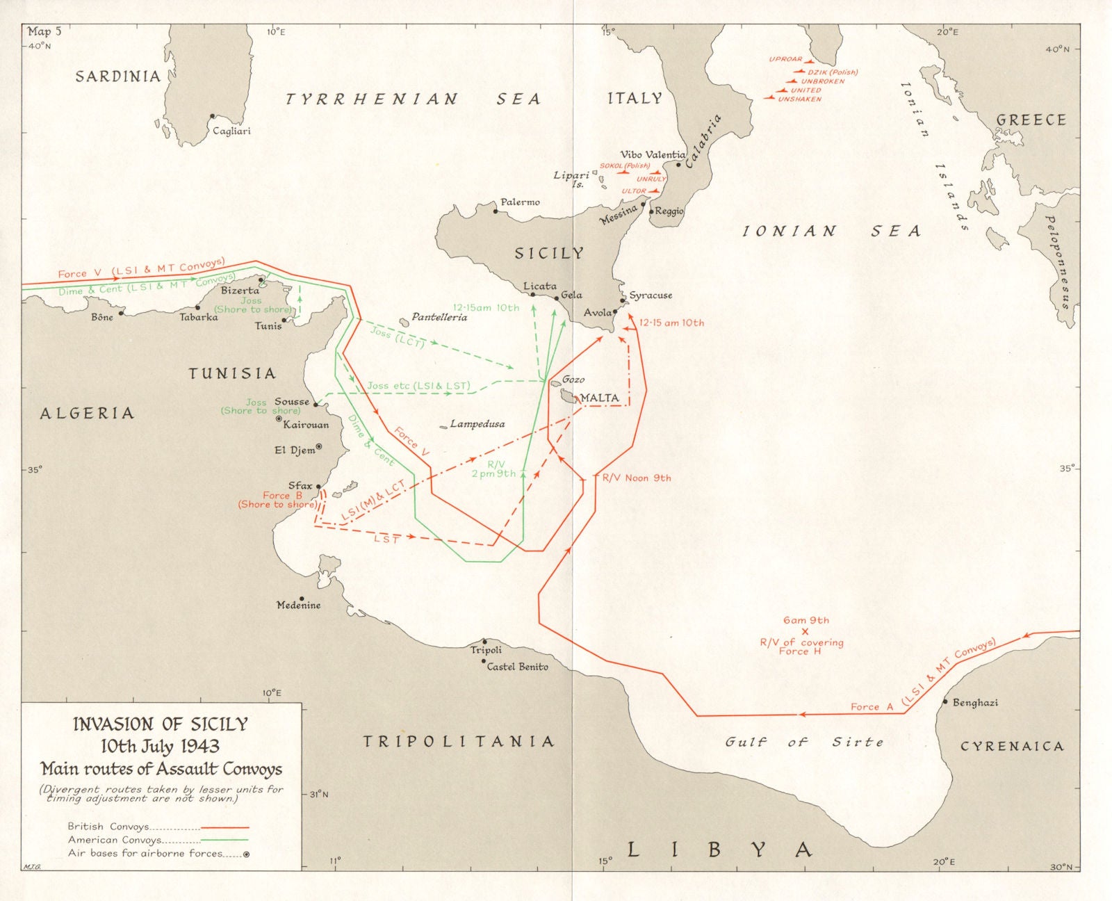 ITALY. Invasion of Sicily 10th July 1943 main routes of Assault Convoys ...