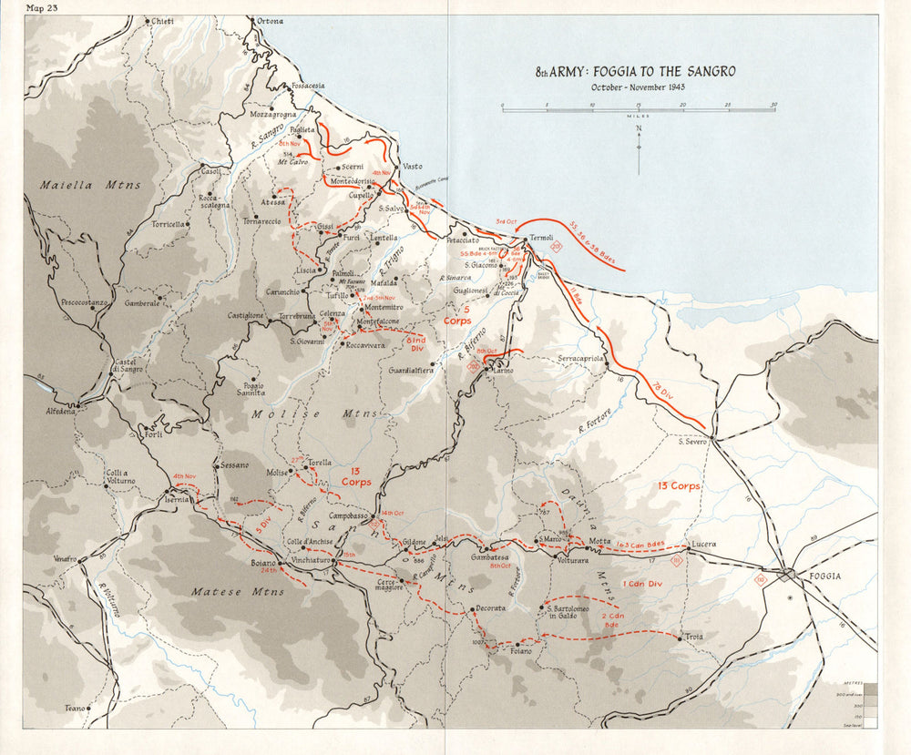 ITALY. Winter line (Oct-Nov 1943) . 8th Army. Foggia to the Sangro 1973 map
