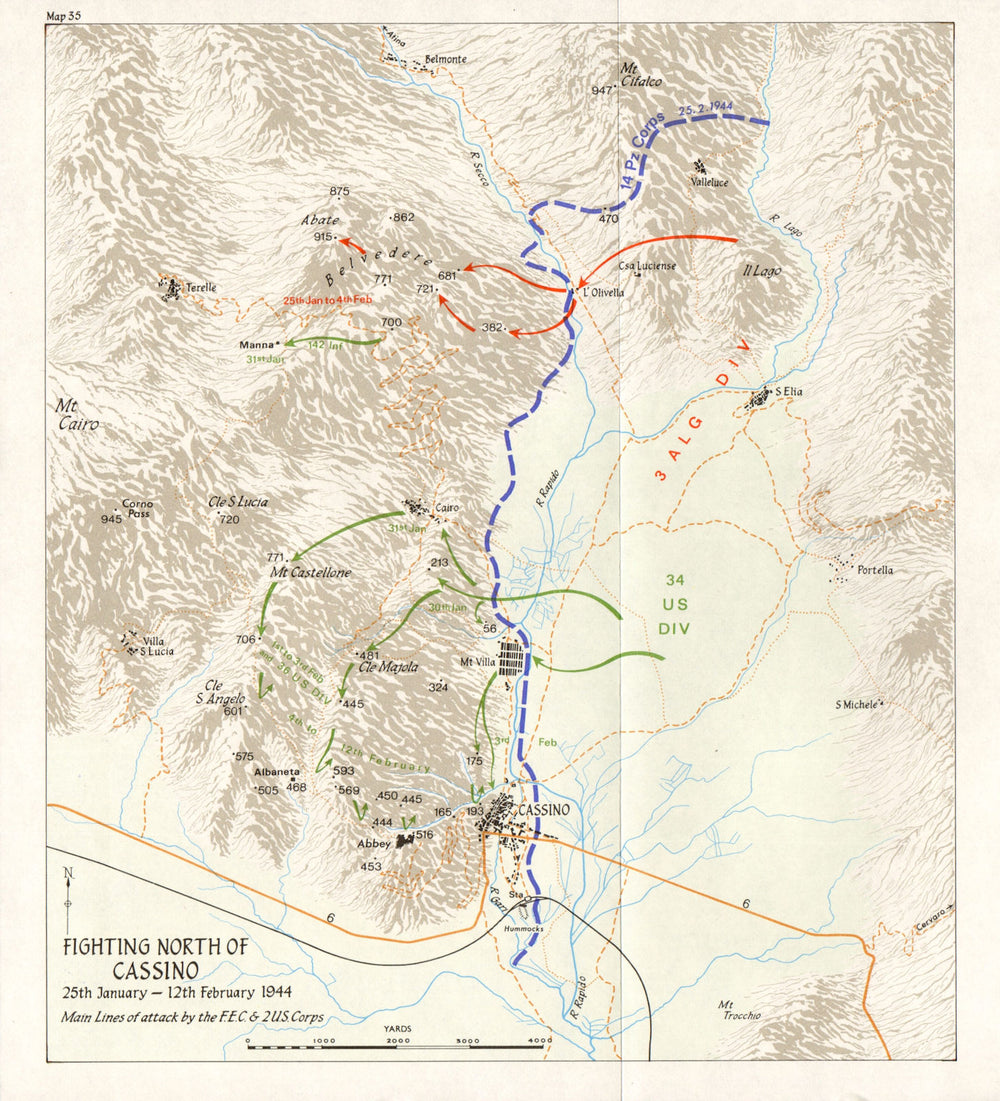 ITALY. Allied operations; Garigliano Rapido January 1944. Cassino 1973 old map