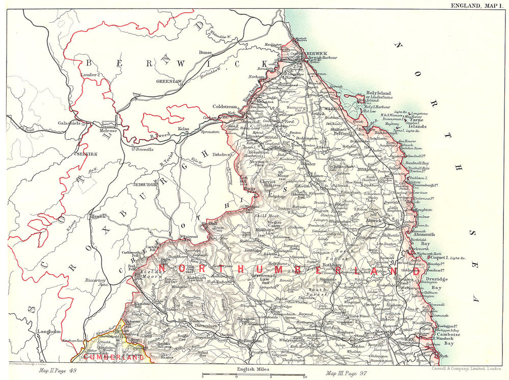 NORTHUMBERLAND. Cheviot Hills Roxburgh Berwick Selkirk. Scotland 1893 old map
