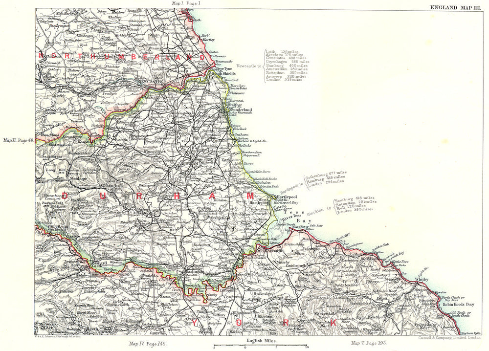 NE ENGLAND COAST. Northumberland Durham Yorkshire Newcastle-upon-Tyne 1893 map