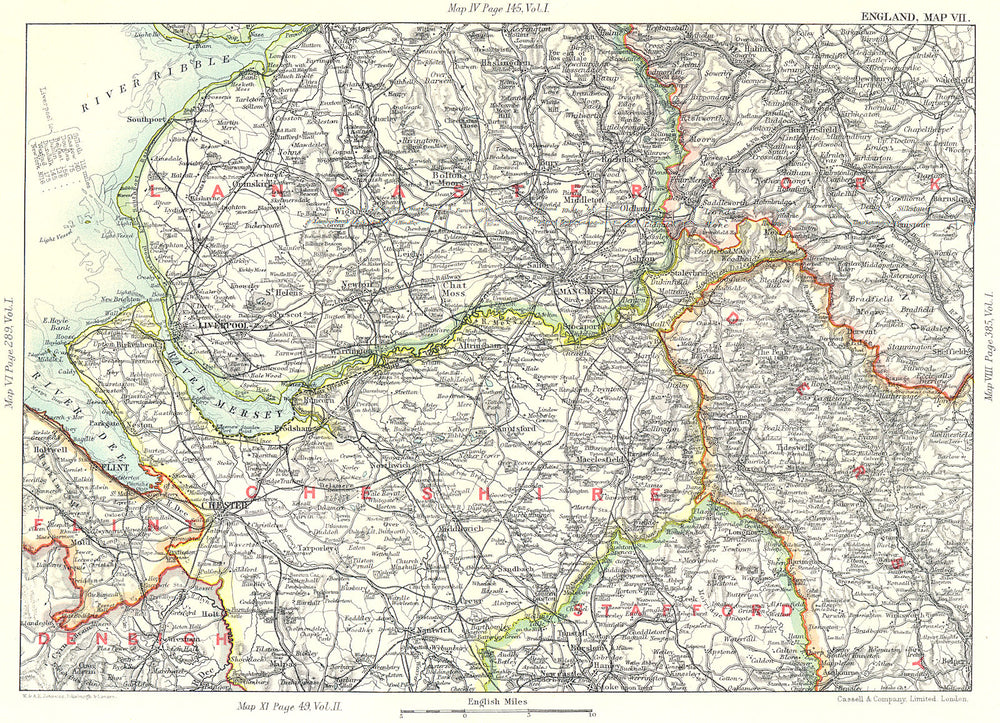 NW ENGLAND. Lancashire Cheshire Peak District Liverpool Manchester 1893 map