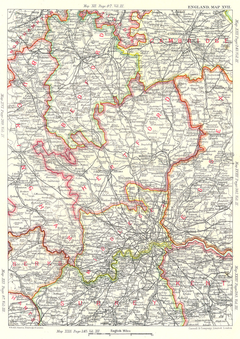 LONDON & CHILTERNS. Bucks Berks Middx Surrey Kent Essex Beds Essex 1893 map