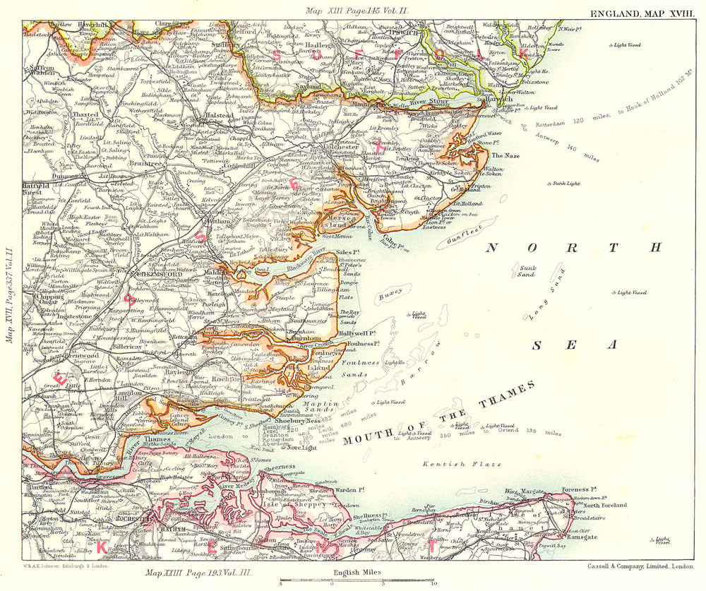 THAMES ESTUARY/HAVEN PORTS. Suffolk Essex Kent Medway Ipswich Harwich 1893 map