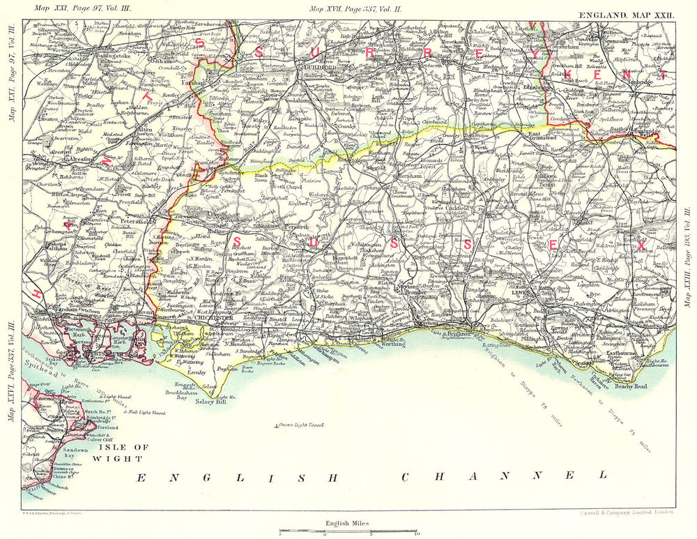 SOUTH DOWNS & SURREY HILLS. Sussex Hampshire Kent Guildford Brighton 1893 map