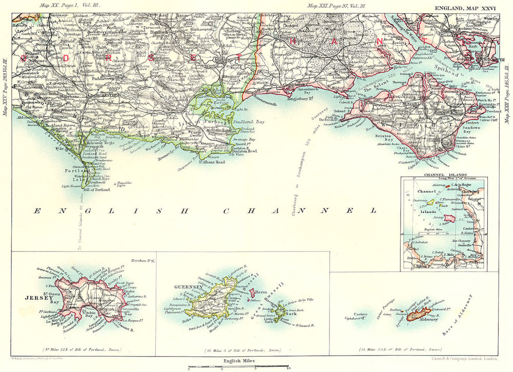 DORSET & HAMPSHIRE COAST.Channel Islands Guernsey Jersey Isle of Wight 1893 map