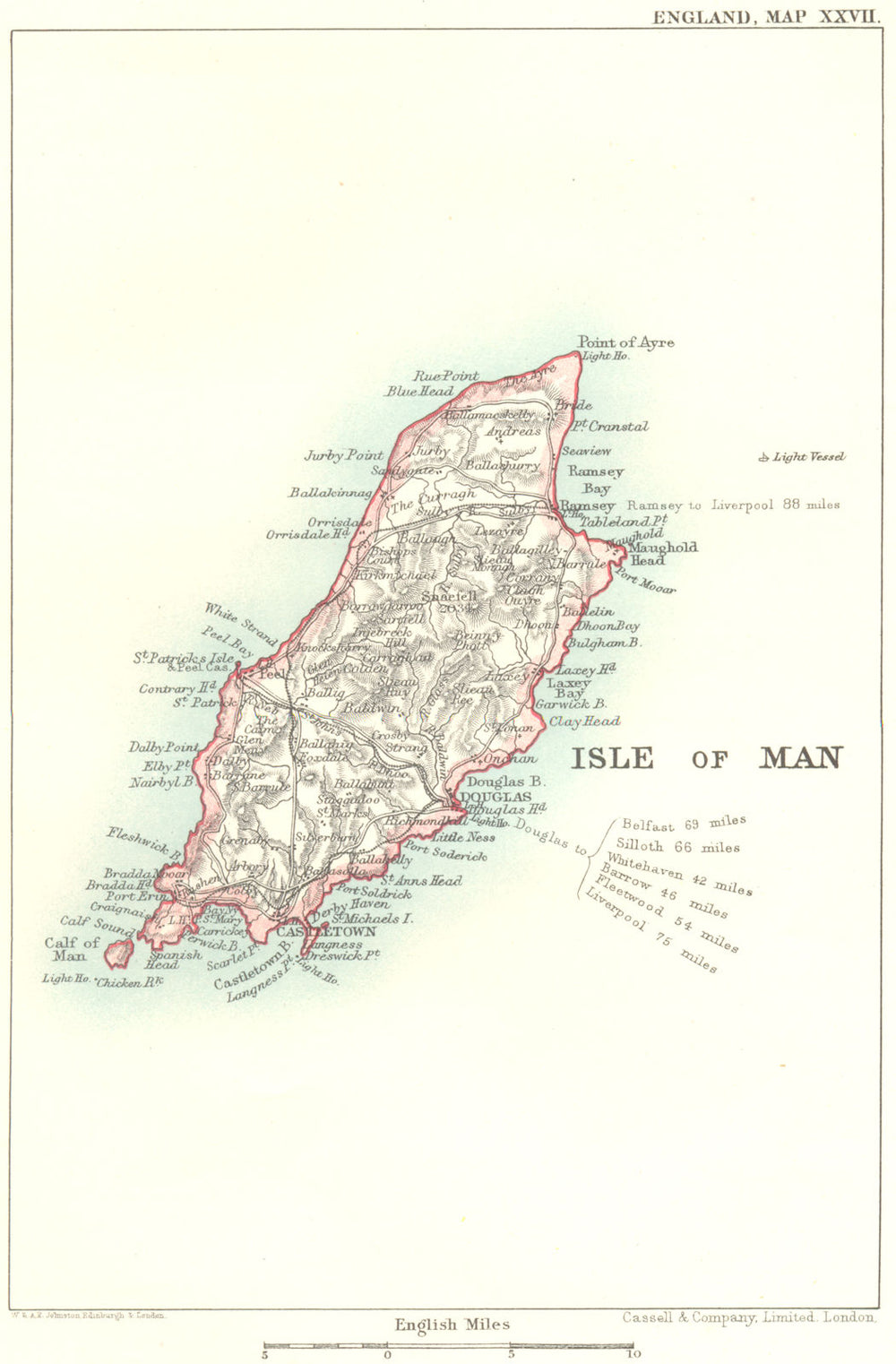 ISLE OF MAN. Ferry distances/lighthouse. Castletown Douglas Ramsey 1893 map