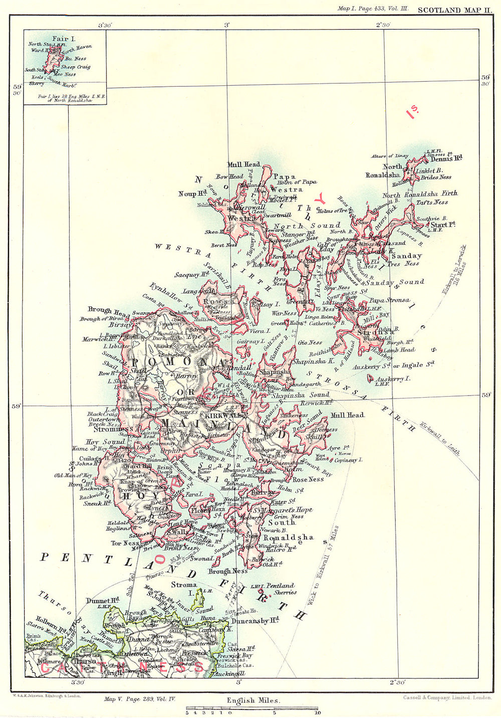 ORKNEY ISLANDS. Pentland Firth Kirkwall Stronsa Westra Pomona Hoy 1893 old map