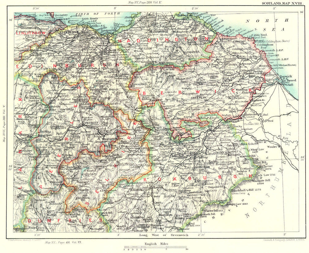 EDINBURGH & SCOTTISH BORDERS.East/Midlothian Peeblesshire Selkirkshire 1893 map