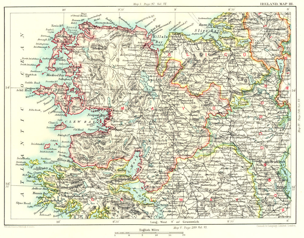 CONNAUGHT.Mayo Galway Sligo Leitrim Roscommon Ballina Killala. Ireland 1893 map