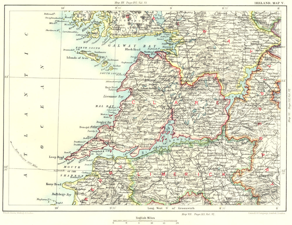 WEST IRELAND. Galway Tipperary Clare Kerry Limerick Shannon Nenagh 1893 map