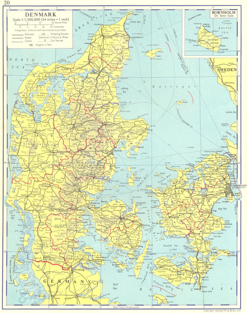 DENMARK. Denmark; Inset map of Bornholm 1962 old vintage plan chart