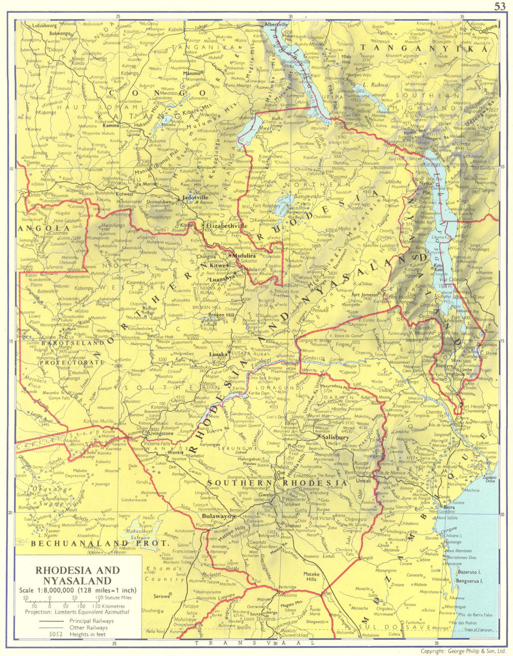 RHODESIA. Northern Southern Nyasaland Zimbabwe Zambia 1962 old vintage map