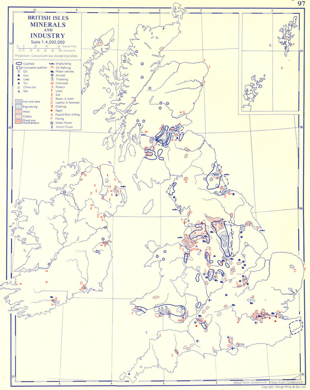 UK. British Isles; Minerals and Industry 1962 old vintage map plan chart
