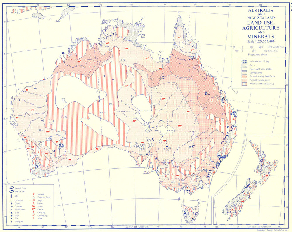 AUSTRALIA. Australia and New Zealand; Land use, Agriculture & Minerals 1962 map