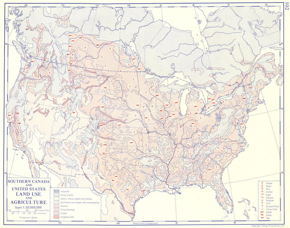 USA. Southern Canada and United States; Land use and Agriculture 1962 old map
