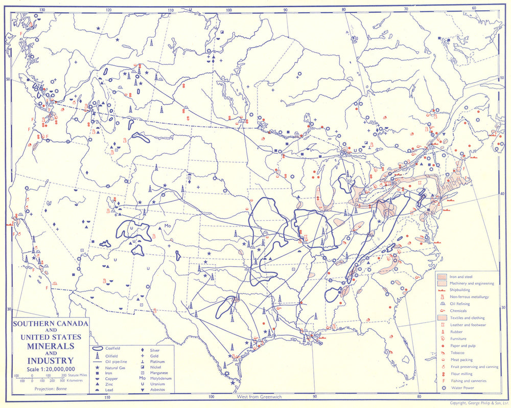 USA. Southern Canada and United States; Minerals and Industry 1962 old map