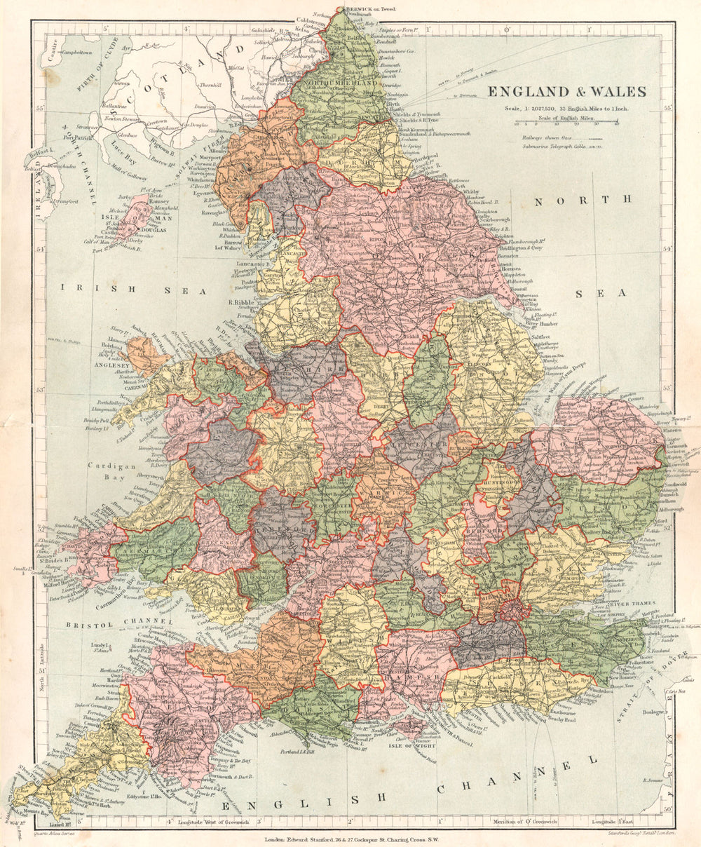 ENGLAND. England & Wales. Stanford 1892 old antique vintage map plan chart