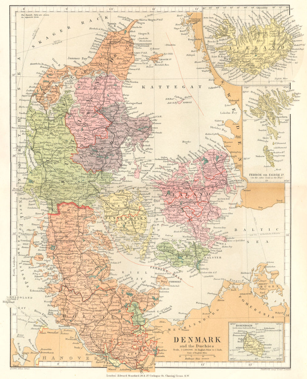 DENMARK. & Duchies; Inset maps of Iceland; Ferroe Faeroe Is; Bornholm 1892