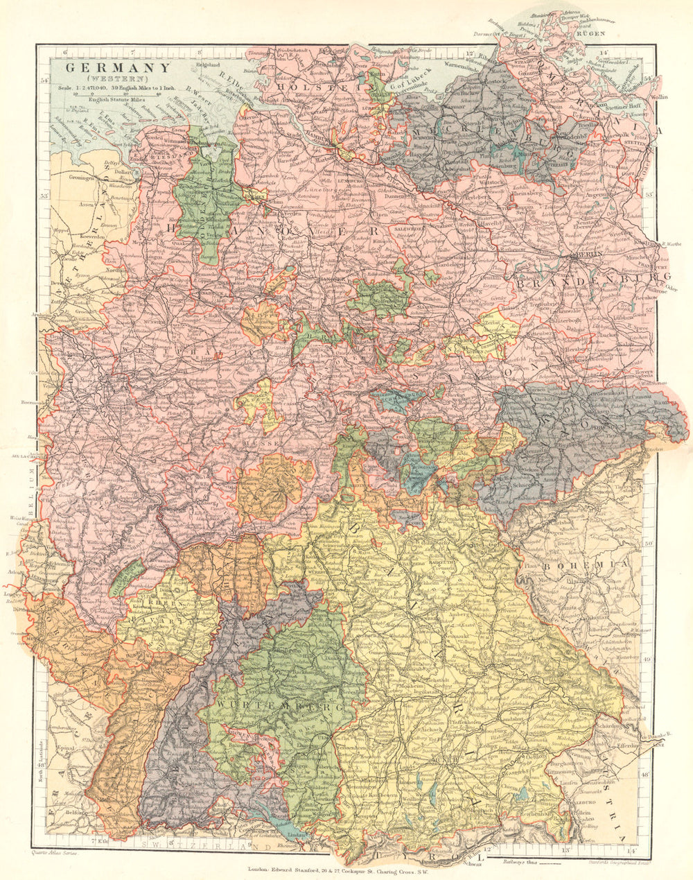 GERMANY Western. Bavaria Saxony Hanover Mecklenburg Holstein. Stanford 1892 map