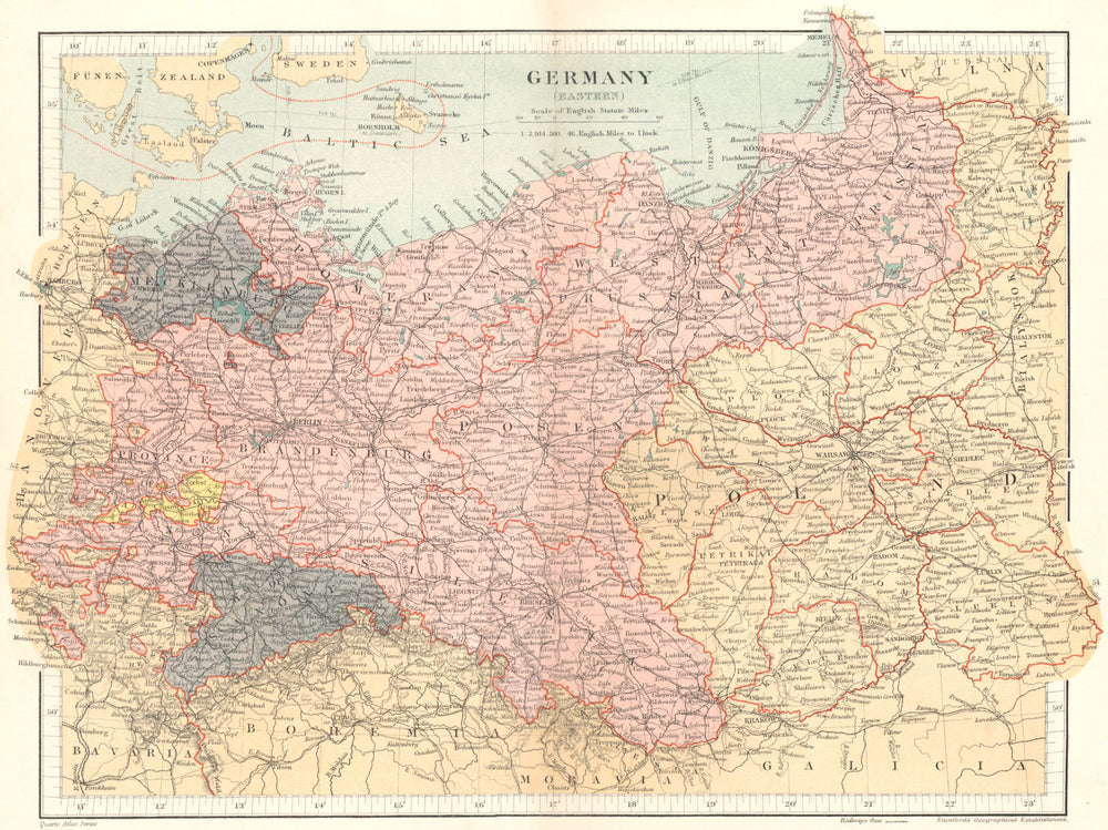 GERMANY Eastern. Prussia Brandenburg Saxony Silesia Posen. Stanford 1892 map