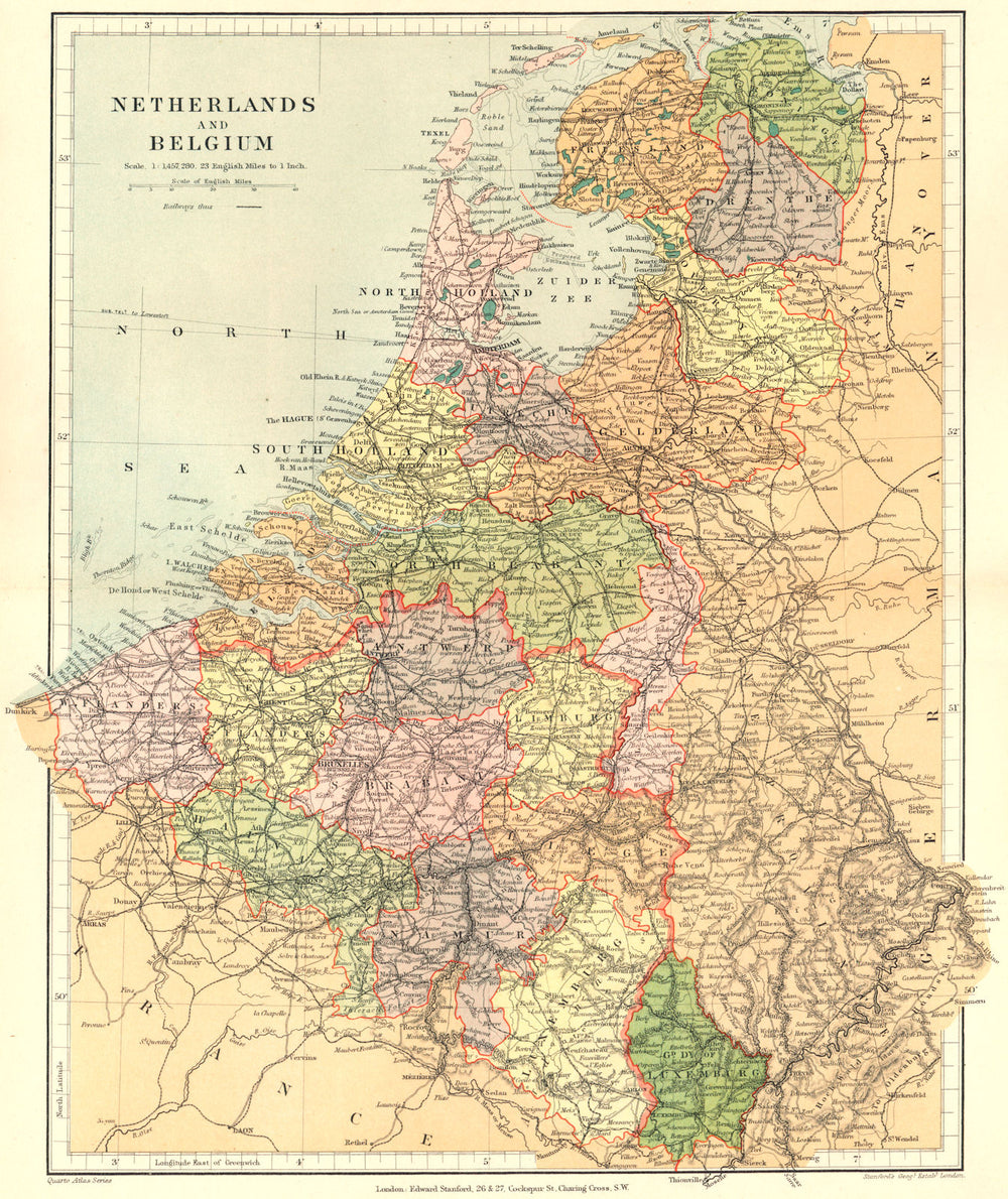 BENELUX. Netherlands Belgium Luxemburg Luxembourg. Stanford 1892 old map