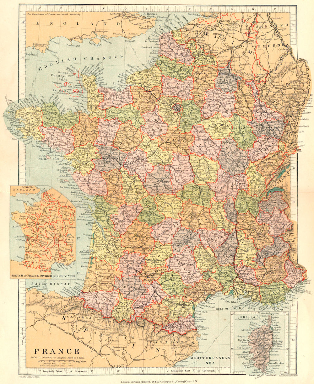 FRANCE. Inset maps of provinces; Corsica. Stanford 1892 old antique chart
