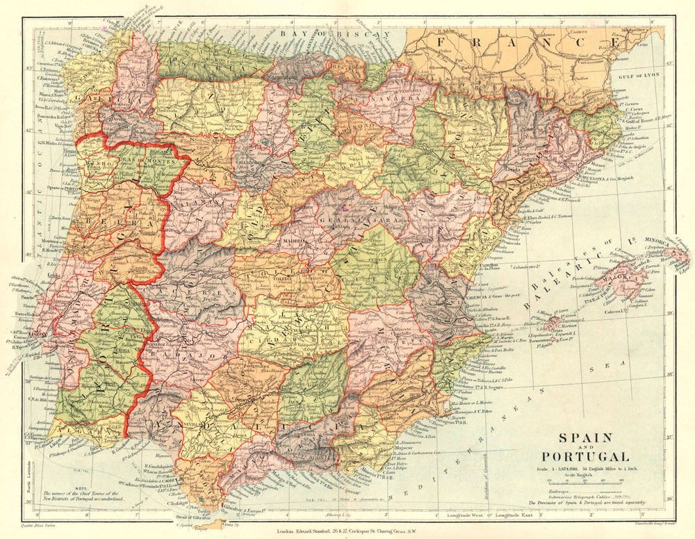 IBERIA. Spain and Portugal. Stanford 1892 old antique vintage map plan chart